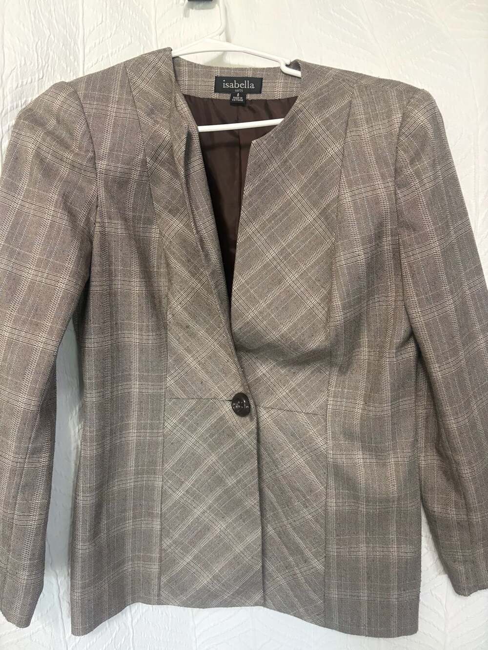 Isabella Suits Brown Plaid Open Front Blazer Size 8